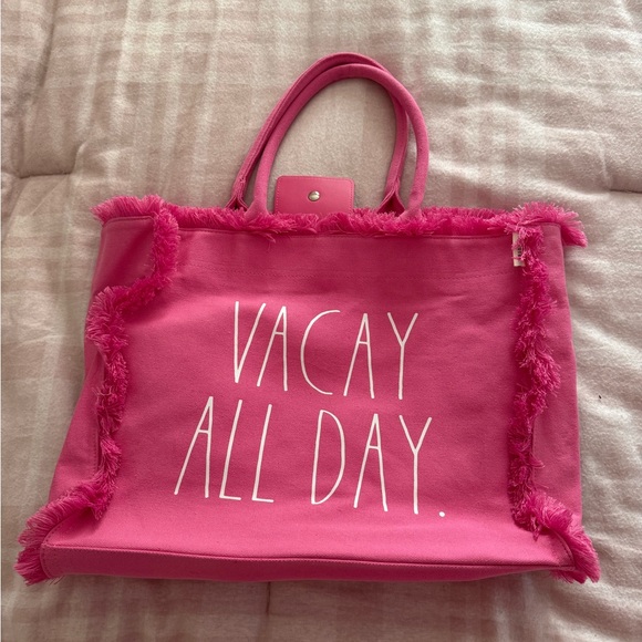 Rae Dunn Handbags - Rae Dunn Pink Tote with Fringe and 'Vacay All Day' Print